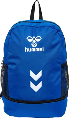 A blue backpack with white logos and black mesh side pockets, shown from the front against a white background.