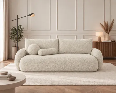 Productafbeelding van NUBE driezits slaapbank met slaapfunctie – Bouclé-stof QUELLE – Crème, AI-gegenereerde afbeelding