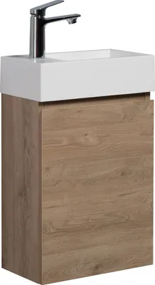 Produktbild von Badplaats Gäste-WC Waschtisch Set Angela 40 x 22 cm Kastanien Eiche - Platzsparend Badmöbel Set mit Waschbecken und Unterschrank, Soft-Close