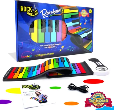 A boxed Mukikim Rock and Roll It - Rainbow Piano Kinder-Keyboard is displayed along with the rolled-out keyboard and accessories.