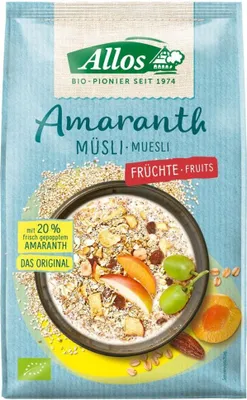 Produktbild von Allos 136349, 375 g, Gluten, Nüsse, Sesamsamen, HAFERVOLLKORNFLOCKEN*, Amaranthvollkorn* gepoppt (20%), getrocknetes Obst (20%) in veränderlichen..., Deutschland, 1631 kJ, 387 kcal