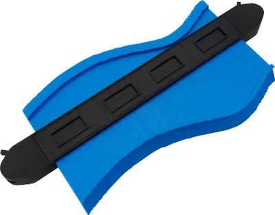 A contour gauge tool with blue plastic pins and a black handle, shown against a white background.