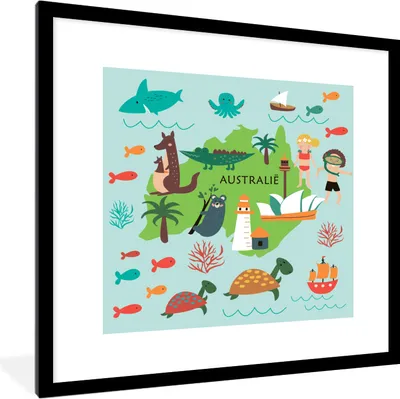 Produktbild von MuchoWow® MuchoWow® Gerahmtes Poster Weltkarte Kinder - Australien - Tiere 40x40 cm - Poster mit zchwarzem Bilderrahmen - Poster - Plakat im Rahmen