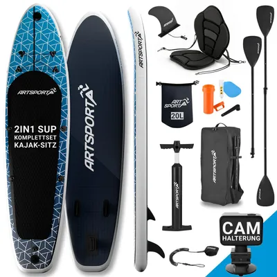 Produktbild von ARTSPORT® Stand Up Paddling Board Set Deep Ocean aufblasbar 320 cm - inkl. Sitz, Action-Cam Halterung & Zubehör, 150 kg, SUP-Board