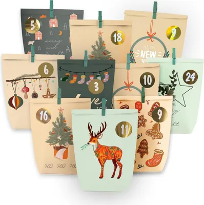 Adventskalender Zum Selbstbefüllen - 24 Papiertüten Mit Zahlenstickern & Klammern