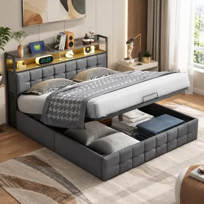 Obrázek produktu pro INONEFT Postel s úložným prostorem 140 x 190 cm, hydraulická postel s úložným prostorem a rošt, čelo postele s LED osvětlením a nabíjecí stanicí USB, lněná tkanina, šedá barva
