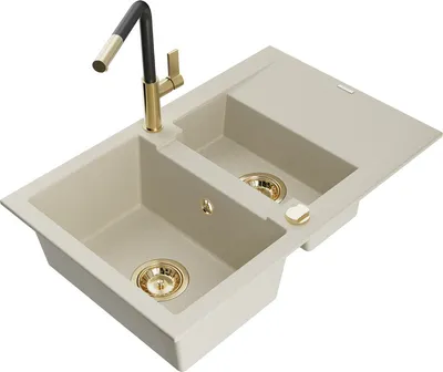Produktbild von Mexen Gaspar 1,5-Becken-Granitspüle mit Abtropffläche und Mischbatterie Flora, Beige - 6507-69-670401-57-G