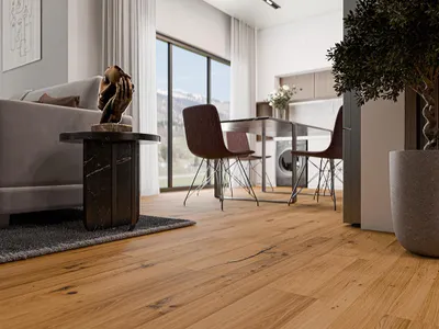 Produktbild von BASICfloor | 3,432 m² | Braun 15mm Eichenparkett, Wild Landhausdiele Parkettboden, Gebürstet, Massivholz, Naturbelassen, Stabparkett, Langlebig, Hochwertig