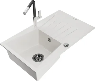 Produktbild von Mexen Cesar 1 Becken-Granitspüle mit Abtropffläche und Mischbatterie Flora, Weiß - 6514-20-670401-07-B