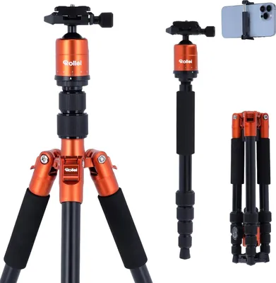 Immagine prodotto di Rollei Compact Traveler No.1 Orange, treppiede da 143 cm con testa a sfera Treppiede da viaggio leggero in alluminio Treppiede fotografico compatto Compatibile con Arca Swiss Treppiede e monopiede per fotocamera DSLR e smartphone