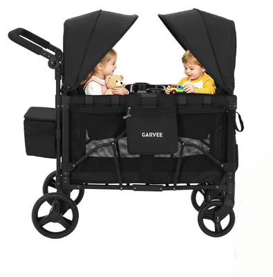 Produktbild von Kinder Bollerwagen Buggy - Faltbarer 2-Sitzer - Abnehmbares Dach - Geländereifen - Schieben & Ziehen - Bis 60 kg - Schwarz