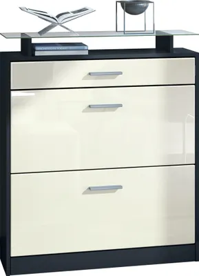 Produktbild von Vladon Schuhschrank Loret, Schuhkipper für 16 Paar Schuhe mit 2 Klappen und 1 Schublade und Glasablage, Schwarz matt/Creme Hochglanz (89 x 104 x 23 cm)