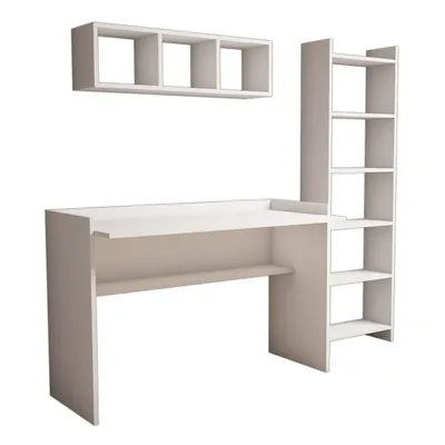 A white desk with shelves attached to the side and a separate wall-mounted shelf unit above.