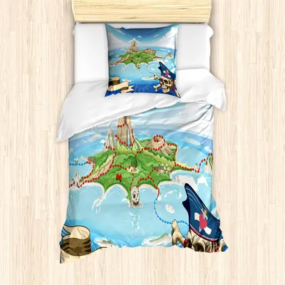 Produktbild von ABAKUHAUS Insel-Karte Mantele, Pirate Island Schädel, Milbensicher Allergiker geeignet mit Kissenbezügen, 135 cm x 200 cm - 80 x 80 cm, Mehrfarbig