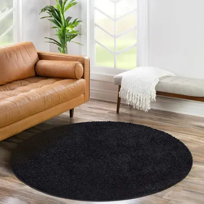 Produktbild von Shaggy Hochflor Teppich Wohnzimmer - Rund 200 cm - Schwarz - Einfarbige Schlafzimmer-Teppiche