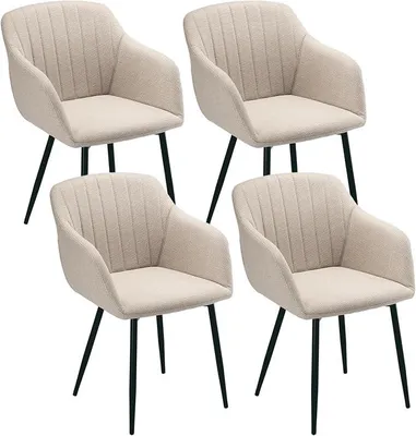 Produktbild von Esszimmerstühle 4er Set Beige mit Armlehnen - Polsterstühle aus Leinen, Küchenstühle, Armlehnenstuhl mit Metallgestell für Esszimmer, Wohnzimmer