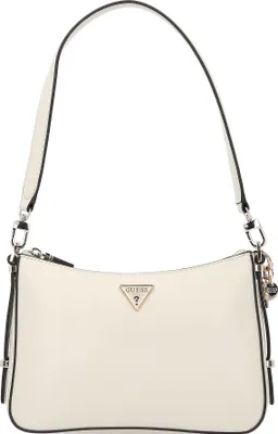 A white Guess shoulder bag with a black trim and strap.