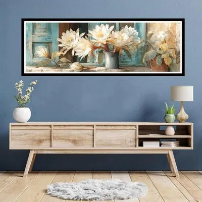 Imagen del producto de Pintura con diamantes para adultos, tamaño grande XXL (80x240 cm), diseño blanco con flores, 5D. Cuadro de pintura con diamantes, paisaje. Set de pintura con diamantes para regalo, para relajación y como decoración de pared. Modelo: TU0N520