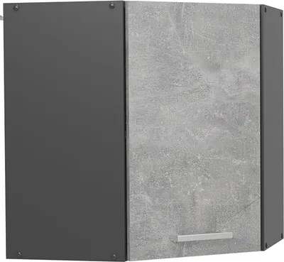 A corner wall cabinet with a dark gray side and a concrete-patterned door.