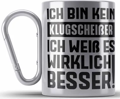 Produktbild von Trendation - Klugscheißer Geschenk Edelstahl Tasse Karabiner mit Spruch Besserwisser Geschenkidee Lustige Edelstahl Tasse Karabiner Sprüche Kollegin Kollege (Silber)