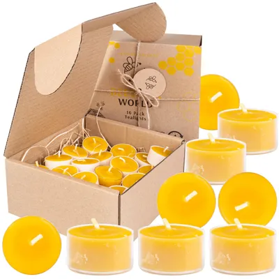 Productafbeelding van Kaarsen van 100% bijenwas – theelichtkaarsen met katoenen lonten – brandduur 4 uur – set van 10-50 kaarsen (16 stuks, transparant)