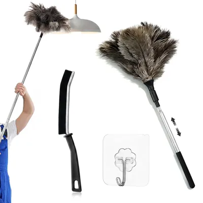 Straußenfeder-Staubwedel, ausziehbar, 120 cm, schwarz, natürliche Federn