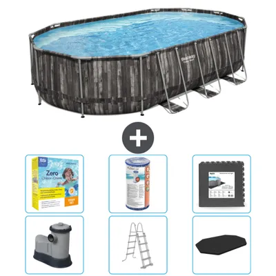 Produktbild von Bestway Oval Power Steel Swimmingpool – 610 x 366 x 122 – Grau – inklusive Pumpe – Leiter – Abdeckung Wartungspaket - Filter - Bodenfliesen