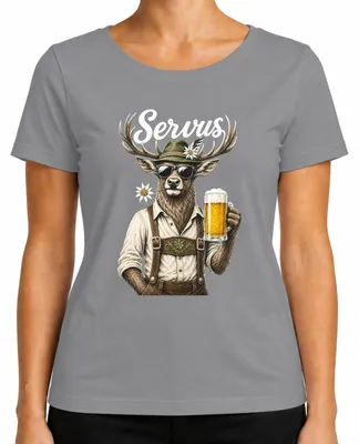 Productafbeelding van Servus Hirsch, Bayern, leren broek, bier, traditioneel shirt, Dirndl, Wiesn, Alm, dames T-shirt, grijs, 3XL