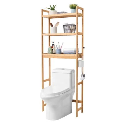 Immagine prodotto di VEVOR, organizzatore per il bagno regolabile a 3 livelli sopra la toilette, scaffale in bambù con 3 ganci, indipendente, facile da lavare e salvaspazio