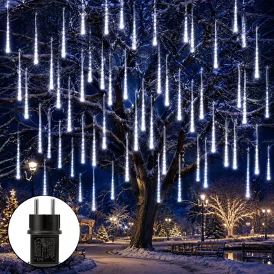 Produktbild von 288 LED Meteorschauer Regen Lichter Eiszapfen Lichterkette Weihnachtsbeleuchtung Garten Weihnachten Halloween Deko, Weiß, 8 Röhren 50cm