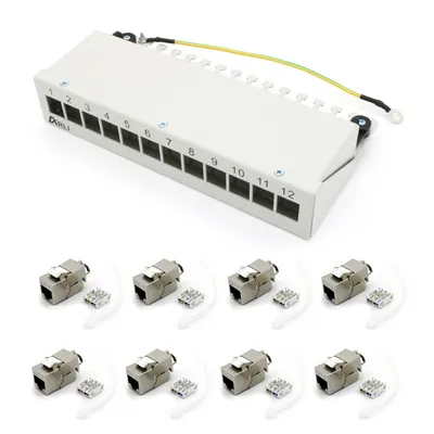 Produktbild von ARLI Patchpanel inkl. 12x Keystone Cat8.1 Module – 12-Port Patchfeld Gehäuse lichtgrau