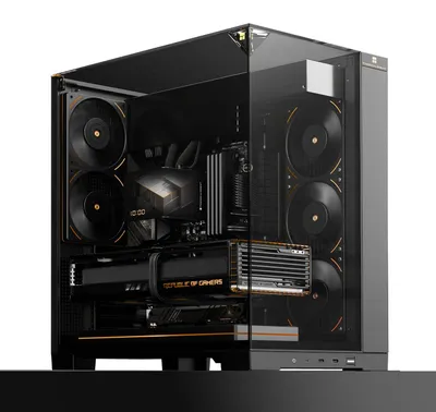 Image de Boîtier gaming ATX TR A70, doté d'un panneau en verre trempé panoramique à trois faces sans montants, d'un port USB-C, de type tour moyen, avec un support vertical pour carte graphique facile à installer sans outils et doté d'un système de protection contre les chutes, de couleur noire.