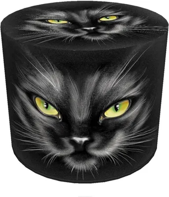 A black pouffe with a printed image of a black cat's face.