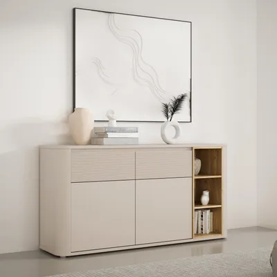Produktbild von Forte BREATHTAKER Sideboard 160, modern minimalistisch, 2-türig, 2 Schubladen, Regalfach, Reliefstruktur, Holzwerkstoff, Beige/Mauvella Eiche Holzdekor, 160 cm breit x 83,1 cm hoch x 41,3 cm tief