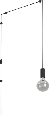 A black pendant light with a visible bulb, suspended from a wire attached to a wall mount.