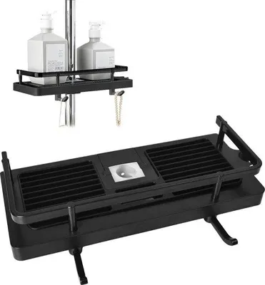 Produktbild von Unyqoos® Duschablage ohne Bohren – verstellbares Duschregal mit Handbrause‑Halte, 2 Haken, ABS & Aluminium, für Duschstange Ø 24–25 mm, schwarz