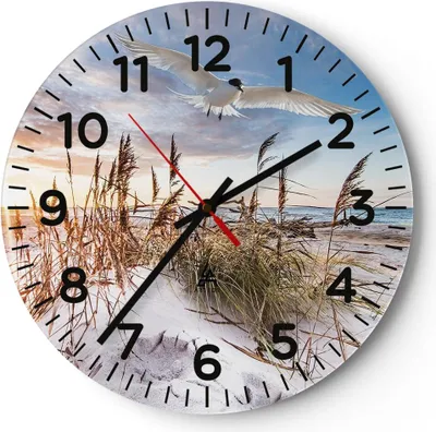 Produktbild von Wanduhr - Rund - Glasuhr - Möwe Meer Küste - 30x30cm - Schleichendes Uhrwerk - Lautlos - zum Aufhängen bereit - Dekoration Modern - Wanddekoration aus Glas - C4AR30x30-4902