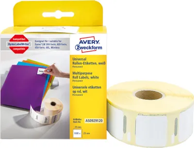 Produktbild von Avery Zweckform AS0929120, Rollen-Etiketten, 25 x 25  mm, 1.000 Etiketten / 1 Rolle, weiß