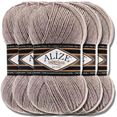 Produktbild von Alize 5x 100g Superlana Klasik Wolle, Uni, Häkeln, Stricken (Light Brown Melange | 207)