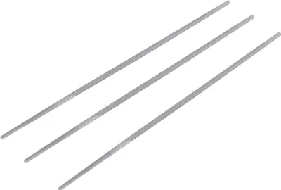 Three metal files are arranged diagonally on a white background.