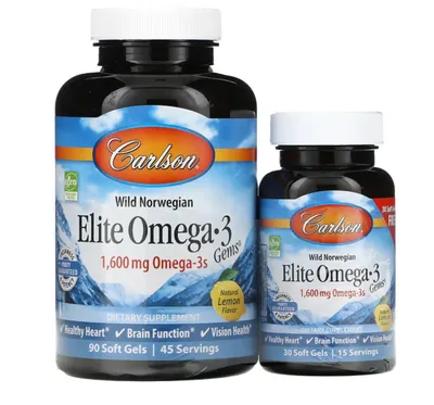 Productafbeelding van Carlson Labs Elite Omega 3, 1600 mg, 90 + 30 capsules, met citroensmaak