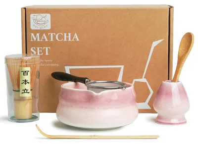 Immagine prodotto di Set da Matcha, 6 pezzi: ciotola in Vetroceramica rosa, frustino in bambù (chasen), setaccio per tè matcha, cucchiaino, accessori