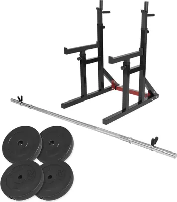 Produktbild von GORILLA SPORTS® Squat Rack - mit Langhantel Set, 30 mm, Langhantelstange 170cm und 30kg Hantelscheiben, Verstellbar, mit Dip-Griffen - Langhantelablage, Hantelständer, Kniebeugenständer