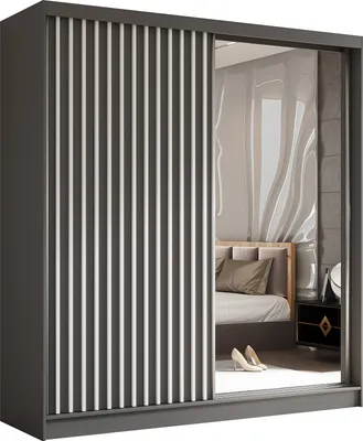 Produktbild von Masseno Schiebetürenschrank LAMELLO 200 cm Kleiderschrank Schlafzimmer Schrank 2-türig mit Spiegel und Lamellen Grau