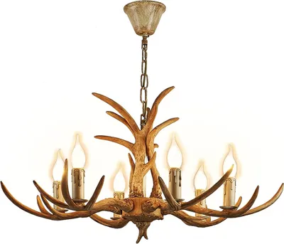 Produktbild von 6-Kopf Geweih Pendellampe, Retro Kreativer Kronleuchter, Hirschgeweih Lampe mit 6 Lampenschirm Pendellampe
