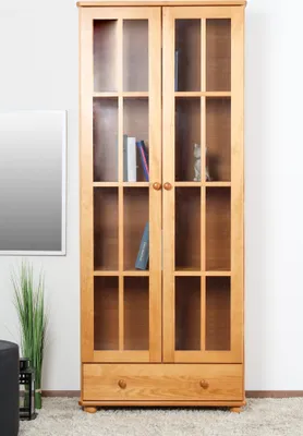 Produktbild von Vitrine Kiefer massiv Vollholz Erlefarben Junco 34 - Abmessungen: 195 x 80 x 35 cm (H x B x T)