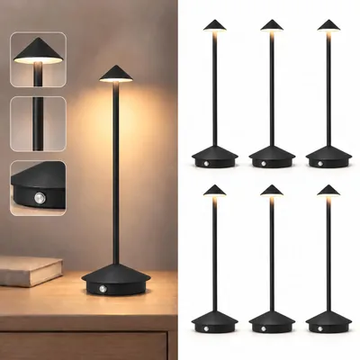 Produktbild von 6er Kabellose Dimmbare LED Tischleuchte, Wiederaufladbar 2000mAh Schreibtischlampe für Restaurants Bars Schlafzimmer Schwarz