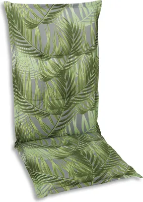 A high chair cushion with a palm leaf pattern.