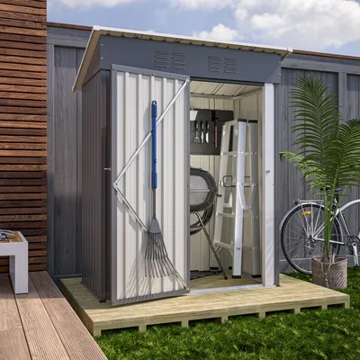Produktbild von GIHAUVIA Metall Gerätehaus grau 140x72,4x182 cm (B x T x H) mit Einfacher Pulttüre (einzelner Scharnier)