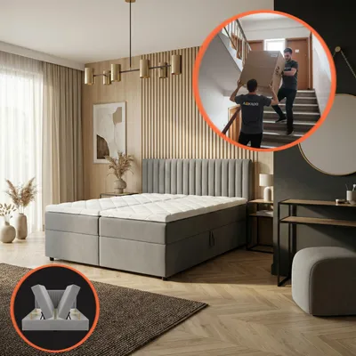 Produktbild von Boxspringbett 160x200 cm - mit Bettkästen mit Matratze mit Topper - Komplett-Set Polsterbett Bonell H3 Grau